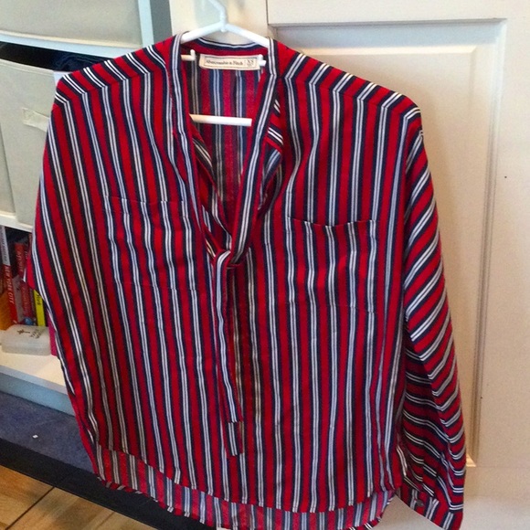 Abercrombie and Fitch maroon, white, and navy striped blouse, XS - Picture 2 of 5
